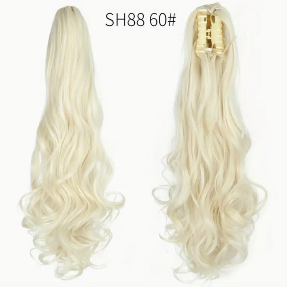 Gorgeous synthetic long fall and a bright blonde easy to attach to a ponytail
